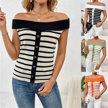 Весенне-летний твердый женский модный пуловер в полоску без рукавов с открытыми плечами. Пуловер женский трикотаж. S белый