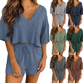 Весенне-летний вафельный топ с v-образным вырезом и короткими рукавами, шорты, домашний комплект из двух предметов XXL розовый