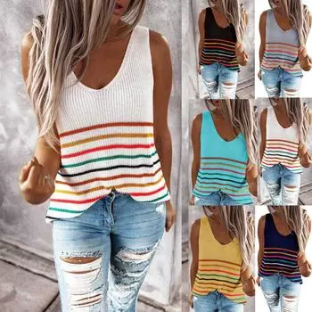 Весенне-летний вязаный жилет, женские полосатые майки, пуловер, футболка без рукавов с v-образным вырезом L чёрный