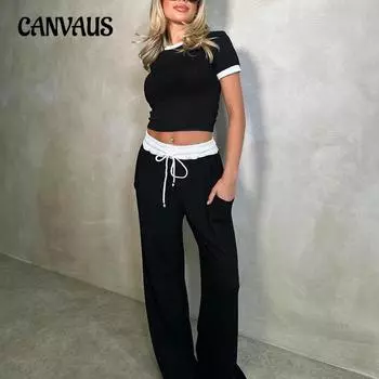 Весенне-летний женский брючный костюм больших размеров с круглым воротником и короткими рукавами, модный повседневный спортивный костюм с широкими брюками S чёрный