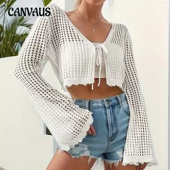 Весенне-летний женский кардиган с v-образным вырезом и галстуком, пляжный однотонный сексуальный вязаный полый пляжный наружный солнцезащитный костюм S белый