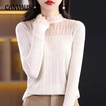 Весенне-летний женский короткий кружевной пуловер с длинными рукавами и полувысоким воротником, трикотаж M