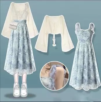 Весенне-летний женский костюм, элегантное платье с укороченным топом и рукавами-фонариками, комплект из 2 предметов, женский наряд XXXXL синий