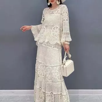 Весенне-летний женский кружевной комплект с ажурным верхом, длинная юбка-свитер, комплект из 2 предметов, элегантный женский комплект из 2 предметов One Size абрикосовый