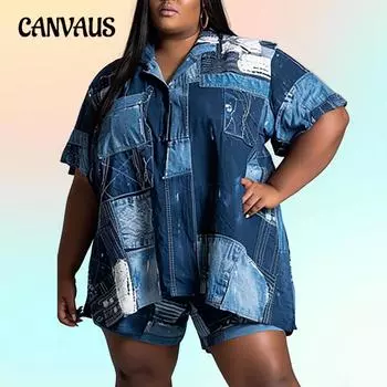 Весенне-летний женский модный комплект больших размеров с короткими рукавами и шортами с принтом