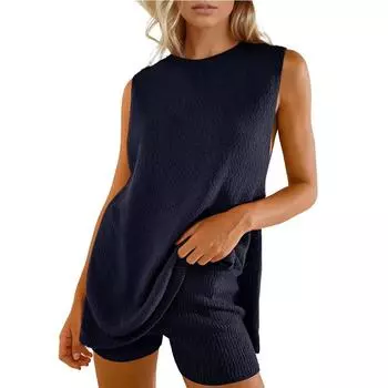 Весенне-летний женский модный повседневный трикотажный комплект из шорт без рукавов и брюк со свитером S абрикосовый