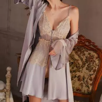 Весенне-летний женский ночной комплект, сексуальная кружевная пижама на подтяжках, нижнее белье, домашняя одежда, свободная атласная пижама M