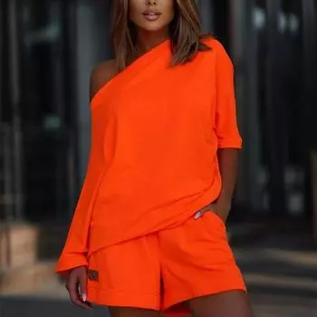 Весенне-летний женский повседневный костюм из двух предметов с шортами, повседневный костюм с наклонными плечами, пятно XXL оранжевый
