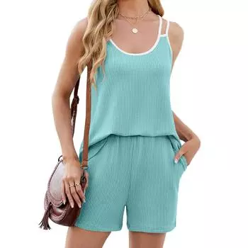 Весенне-летний женский повседневный костюм с круглым воротником, карманами на подтяжках и шортами, контрастных цветов S чёрный