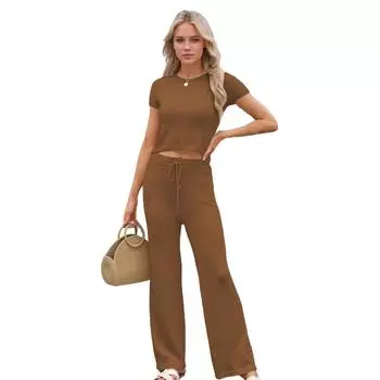 Весенне-летний женский повседневный модный трикотажный однотонный комплект S чёрный