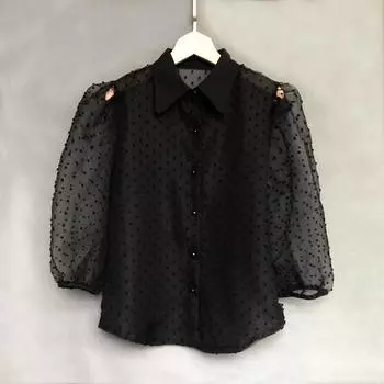 Весенне-летний женский сексуальный прозрачный топ-фонарик со средней длиной рукава и воротником-стойкой S чёрный