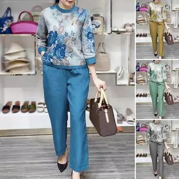 Весенне-летний женский спортивный костюм из 2 предметов, комплект брюк, блузка с рукавом 3/4, широкие брюки, повседневный комплект с принтом XXXXL синий