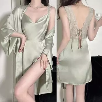 Весенне-летний женский свадебный костюм кимоно халат платье сексуальная кружевная пижама свободная атласная домашняя одежда повседневная одежда M