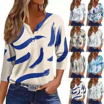 Весенне-летний женский свободный топ с круглым вырезом и рукавом три четверти в честь Дня независимости L синий