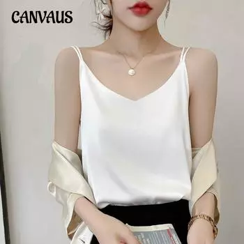 Весенне-летний женский топ на бретелях, шелковый тонкий топ на бретельках с V-образным вырезом и внутренней частью S белый