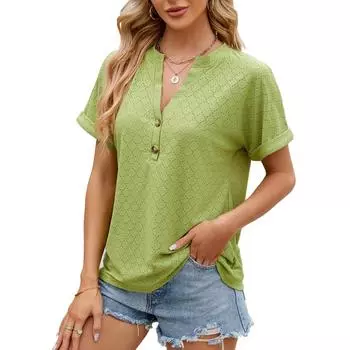 Весенне-летний женский топ, однотонная свободная блузка с короткими рукавами на пуговицах и v-образным вырезом S белый