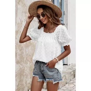 Весенне-летний женский жаккардовый топ с пышными рукавами и двойными складками S белый