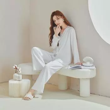 Весенне-летняя атласная пижама женская тонкая однотонная кружевная пижама белая простая домашняя одежда нижнее белье с отворотом пижама M белый