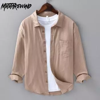 Весенне-летняя базовая рубашка с длинным рукавом для мужчин, повседневные рубашки с отложным воротником, однотонная рубашка из хлопка и льна, простые мужские топы M белый
