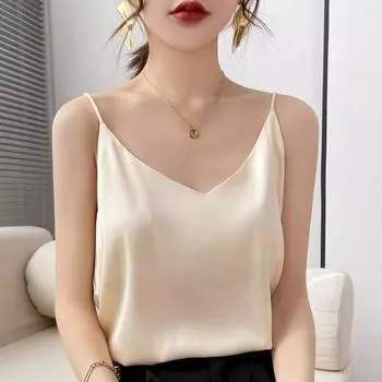 Весенне-летняя блузка-рубашка, женские топы, высокое качество, повседневная одежда с v-образным вырезом, базовый белый, черный, без рукавов S белый