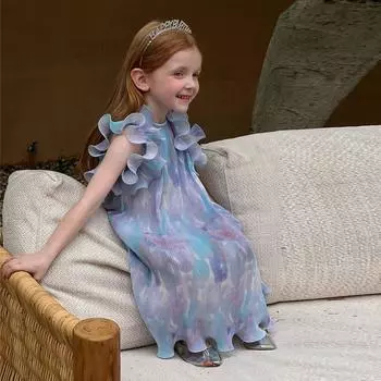 Весенне-летняя детская одежда, длинное платье принцессы с оборками для девочек, шифоновые платья без рукавов со складками, платья для дня рождения, вечеринки 18M синий