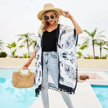 Весенне-летняя длинная шифоновая блузка с солнцезащитным кремом и бахромой для путешествий и игр чёрный