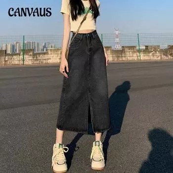 Весенне-летняя джинсовая юбка Юбка-бюстье Женская комплект с высокой талией Хип-юбка Прямая ретро-юбка в длинном разрезе S черный серый