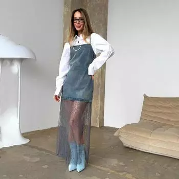 Весенне-летняя джинсовая юбка на подтяжках, женские длинные платья с наложением и разрезом, кружевные сращивания L синий