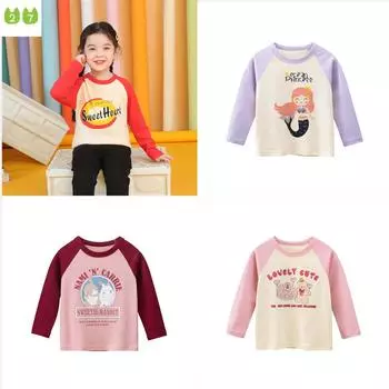 Весенне-летняя футболка для девочек, футболка с длинными рукавами и медведем, детская хлопковая нижняя рубашка 90cm красный