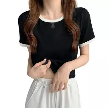 Весенне-летняя футболка контрастного цвета с круглым вырезом и короткими рукавами, нижняя рубашка, тонкий короткий студенческий топ L