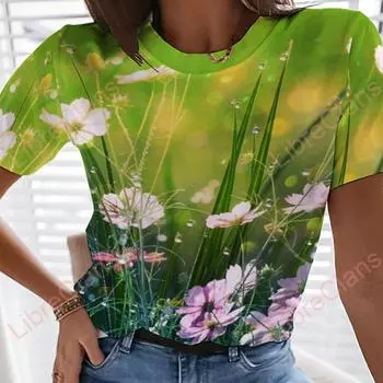 Весенне-летняя футболка с цветком и травой, женская одежда, модная стильная женская одежда, футболки, сексуальные футболки для девочек, топы XS