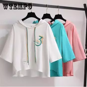 Весенне-летняя футболка с капюшоном и рукавом четверть, женская новая корейская свободная короткая студенческая футболка со средним рукавом, модный топ XXL розовый