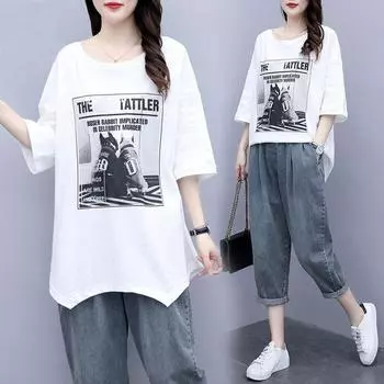 Весенне-летняя футболка, свободный повседневный джинсовый костюм-двойка XXXXL белый