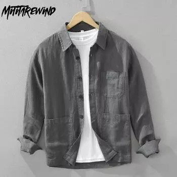 Весенне-летняя хлопковая льняная мужская рубашка с длинным рукавом, повседневные рубашки в китайском стиле, однотонная рубашка с воротником-лацканами и пуговицами, многокарманная верхняя рубашка M чёрный