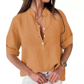 Весенне-летняя хлопково-льняная женская блузка, однотонная повседневная рубашка с рукавом пять четвертей, свободные топы большого размера L