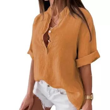 Весенне-летняя хлопково-льняная женская блузка, однотонная повседневная рубашка с рукавом пять четвертей, свободные топы большого размера S