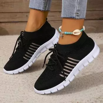 Весенне-летняя и осенняя обувь. Женская обувь с тканой сеткой. Дышащая спортивная обувь. Повседневная обувь с глубоким вырезом на шнуровке и подошвой. 36 чёрный