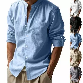 Весенне-летняя льняная рубашка с длинными рукавами и воротником-стойкой, дышащая повседневная китайская рубашка с карманом для мужчин XXXL белый