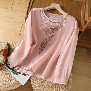 Весенне-летняя легкая футболка с круглым вырезом, рубашка с вышивкой в этническом стиле, женская свободная универсальная блузка в стиле ретро, женская блузка XXL красный