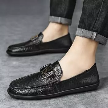 Весенне-летняя ленивая обувь, универсальная и дышащая, повседневная обувь для вождения One Step, мужская обувь Dou Dou, модная кожаная обувь 44 чёрный