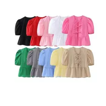 Весенне-летняя милая однотонная милая рубашка с круглым воротником и завязками на талии с рукавами-пузырьками XS белый