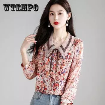 Весенне-летняя милая шифоновая рубашка с вырезом поло с цветочным принтом, женская элегантная модная темпераментная блузка с длинным рукавом, женский топ на пуговицах M