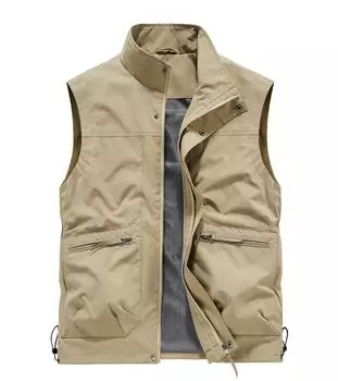 Весенне-летняя мода мужской рабочий жилет повседневный жилет мужской однотонный стоячий воротник дышащий жилет большой свободный плечевой накидка M хаки