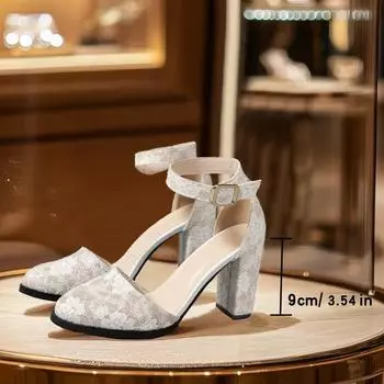 Весенне-летняя мода, новые элегантные женские босоножки с круглым носком и толстым каблуком, однотонные, повседневные, с пряжкой, дышащие, высокие каблуки 35 чёрный