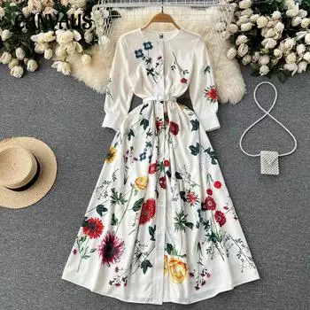 Весенне-летняя мода с принтом Slim Temperament Single Breasted Dresses Swing Long Dress M белый