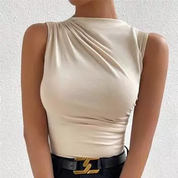 Весенне-летняя мода, сотни однотонных плиссированных пуловеров без рукавов, футболка с высоким воротником L белый