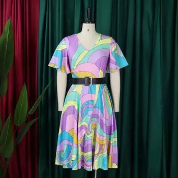 Весенне-летняя мода, темпераментное женское платье на шнуровке с принтом больших размеров, рукавами в виде листьев лотоса, юбкой средней длины, V-образным вырезом и высокой талией XXXL чёрный