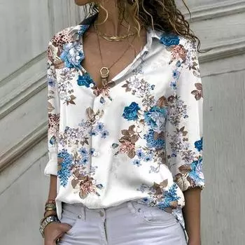 Весенне-летняя модная блузка с цветочным принтом, женская свободная рубашка с длинными рукавами и лацканами на пуговицах, топ больших размеров S фиолетовый