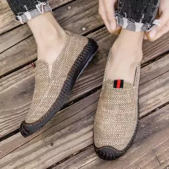 Весенне-летняя модная дышащая льняная мужская обувь с головкой из мешка, подошва из говяжьих сухожилий, для отцов среднего и пожилого возраста, обувь с одной педалью, ленивые туфли Doudou 39