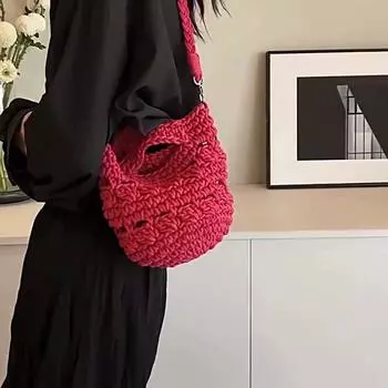 Весенне-летняя модная однотонная маленькая сумочка в стиле ретро, тканая сумка на плечо, милая мини-сумка через плечо, полая сумка-ведро 23*20cm оранжевый